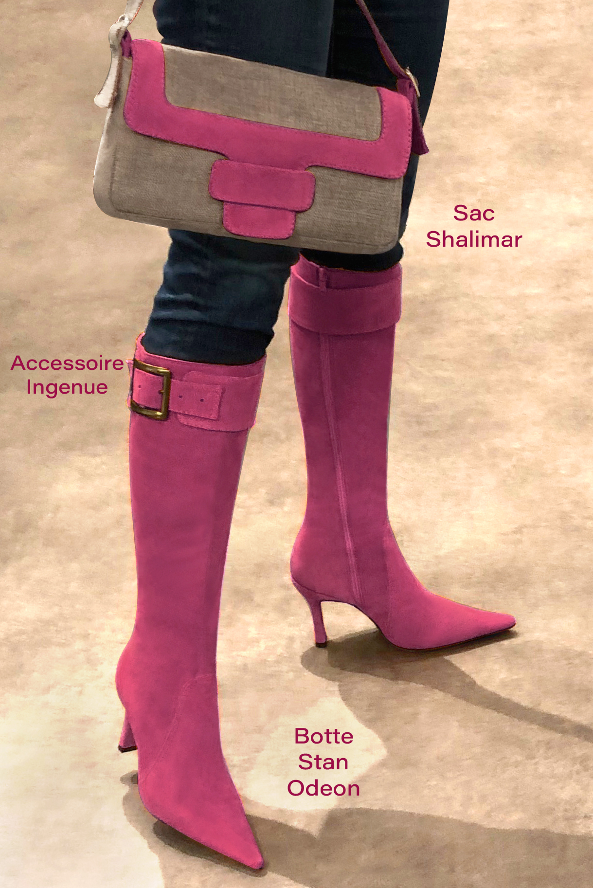 Fuschia pink women's feminine knee-high boots. Pointed toe. Very high spool heels. Made to measure. Worn view - Florence KOOIJMAN